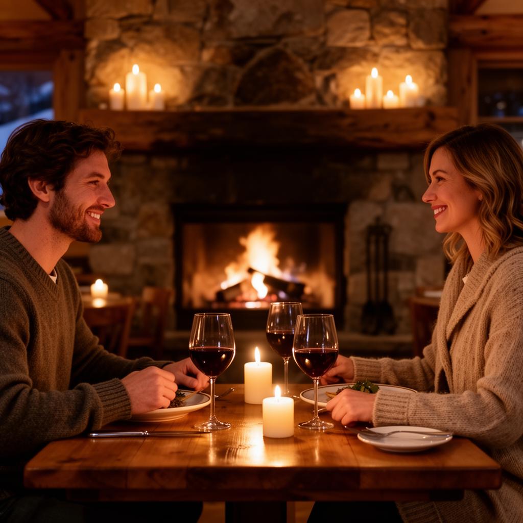Pareja cenando junto a la chimenea en El Corralón